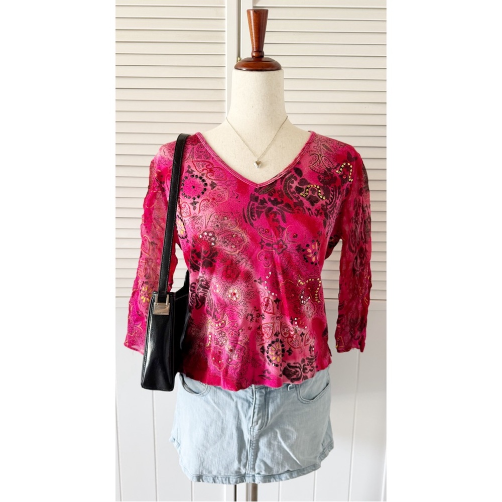 Le Mieux Studio Petite Pink Patterned Bejeweled Blouse Top